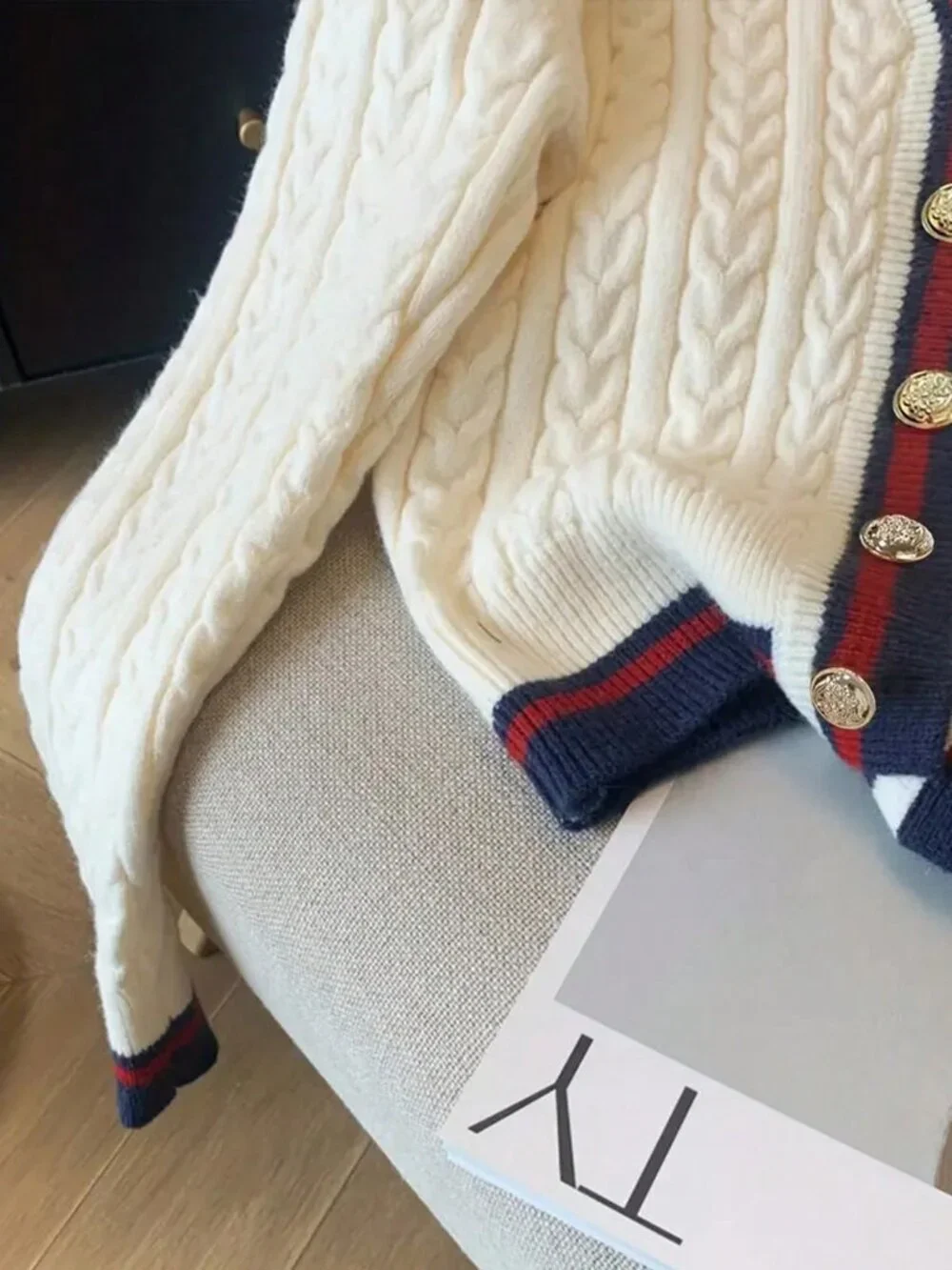 Apricot Casual Women's Striped Contrast Color Button Knit Cardigan